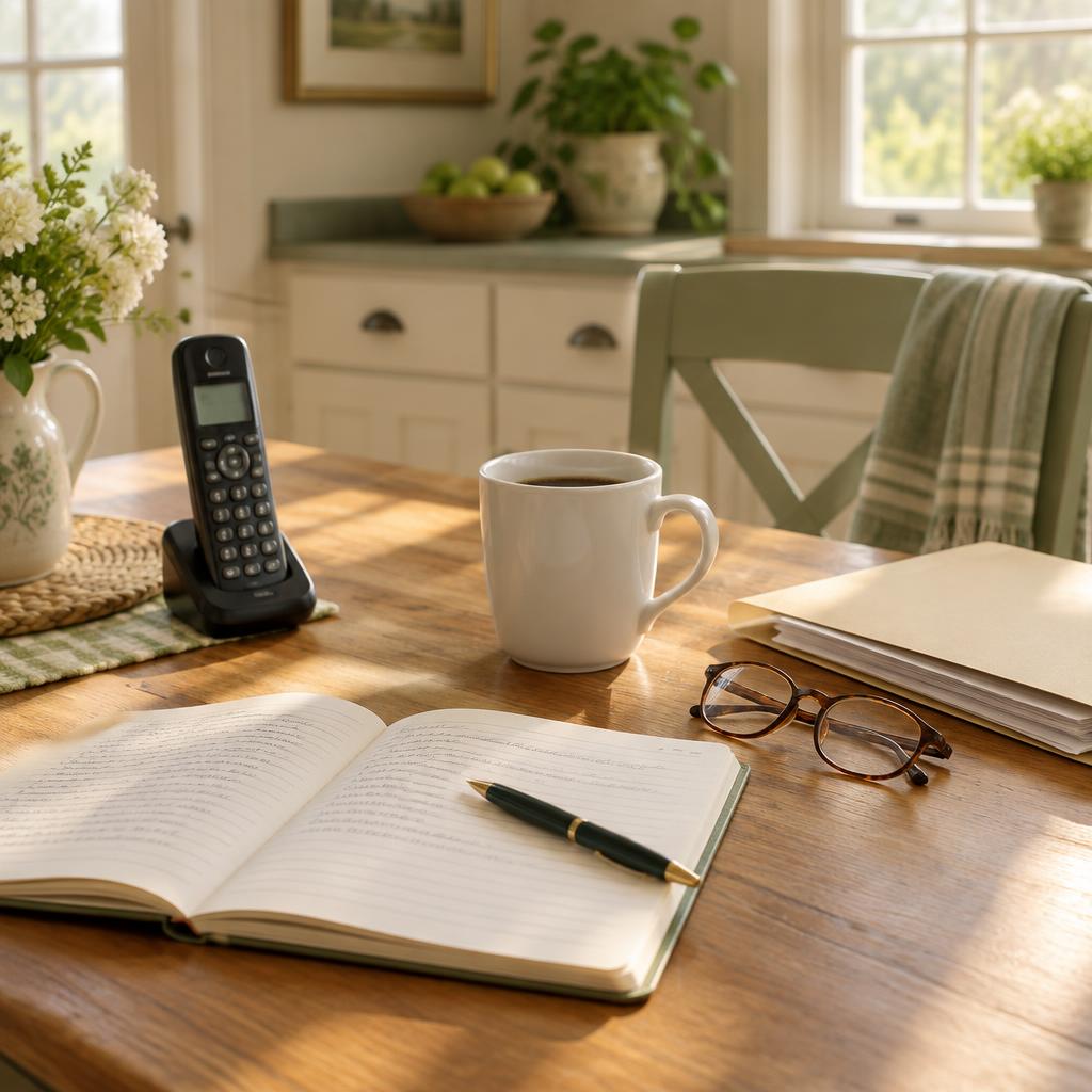 A notebook, pen, phone handset and a mug of coffee on a kitchen table in morning light