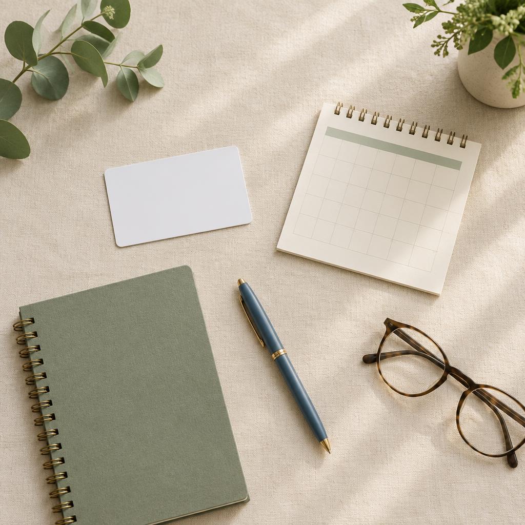 A notebook, calendar, pen and reading glasses laid out on a cream linen surface